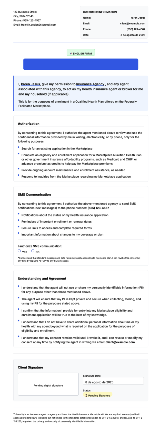Insurance Markets of America SMS consent authorization form showing customer information, marketplace authorization, SMS communication consent, and signature sections